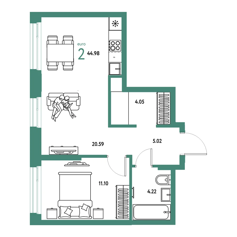 Планировка: Европейский берег 2.0 2-комнатная 44,98м²