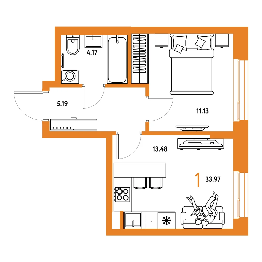 Планировка: Европейский берег 2.0 1-комнатная 33,97м²