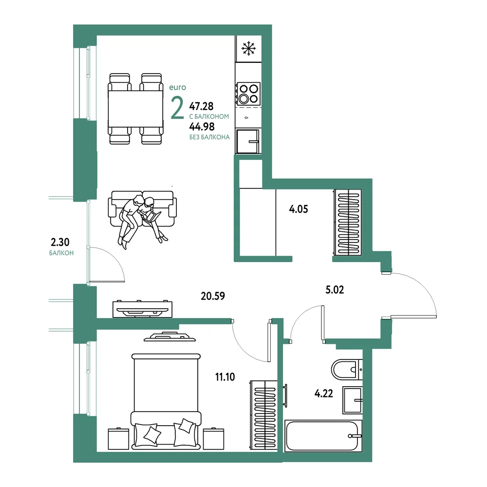 Планировка: Европейский берег 2.0 2-комнатная 47,28м²