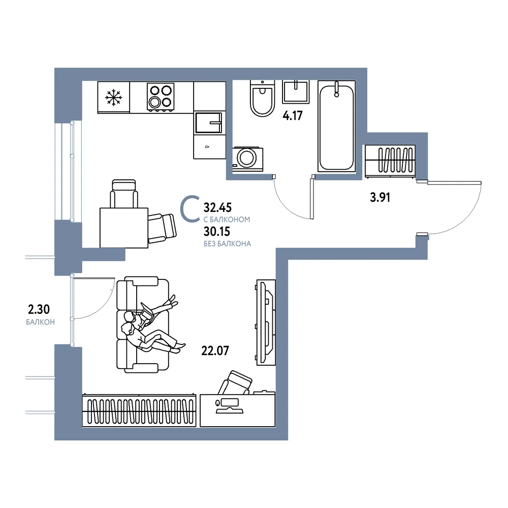Планировка: Европейский берег 2.0 Студия 32,45м²