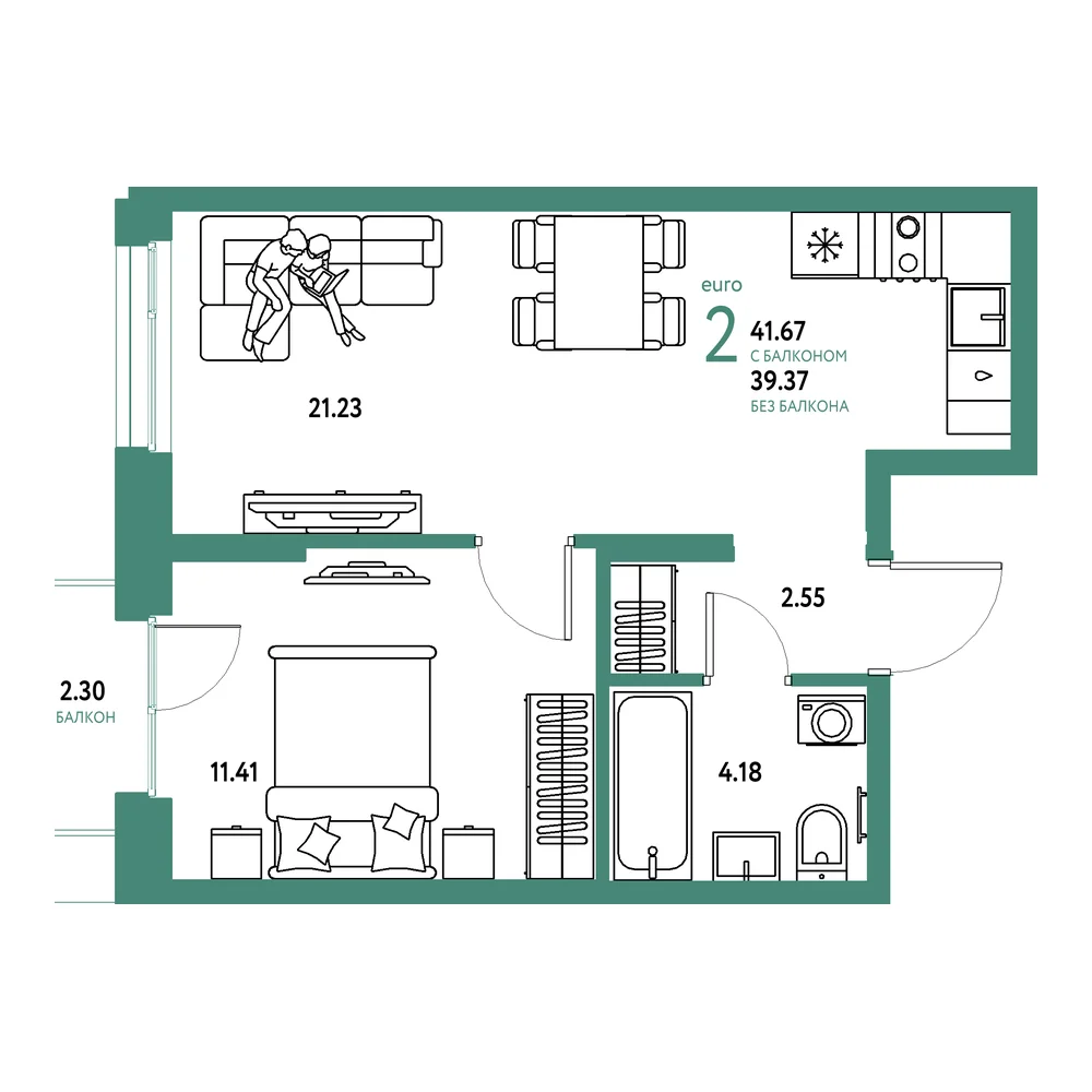 Планировка: Европейский берег 2.0 2-комнатная 41,67м²