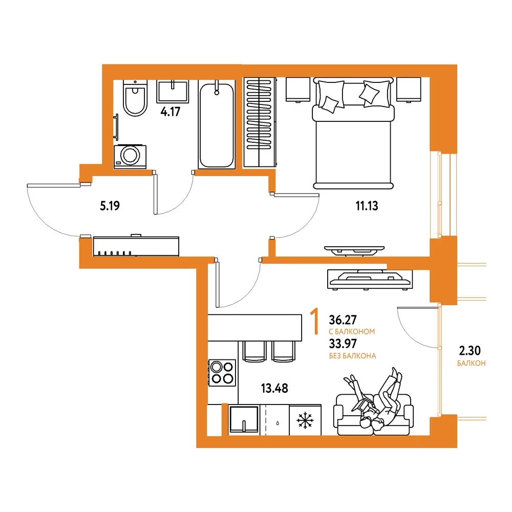 Планировка: Европейский берег 2.0 1-комнатная 36,27м²