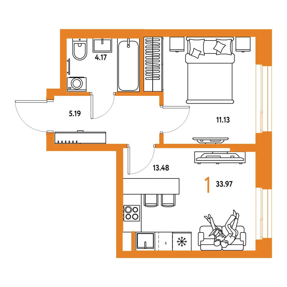 Планировка: Европейский берег 2.0 1-комнатная 33,97м²