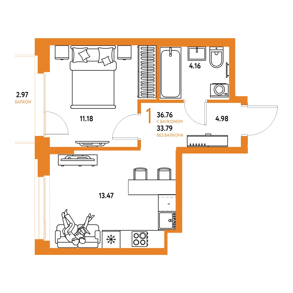 Планировка: Европейский берег 2.0 1-комнатная 36,76м²
