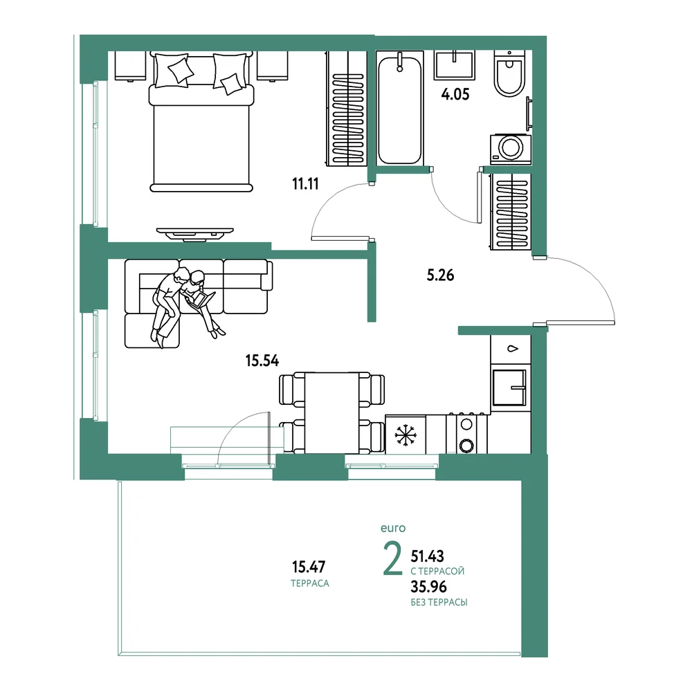 Планировка: Европейский берег 2.0 2-комнатная 51,43м²