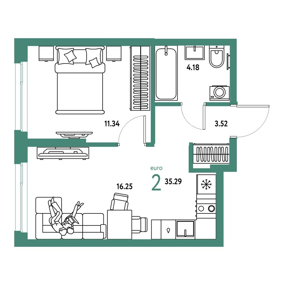 Планировка: Европейский берег 2.0 2-комнатная 35,29м²