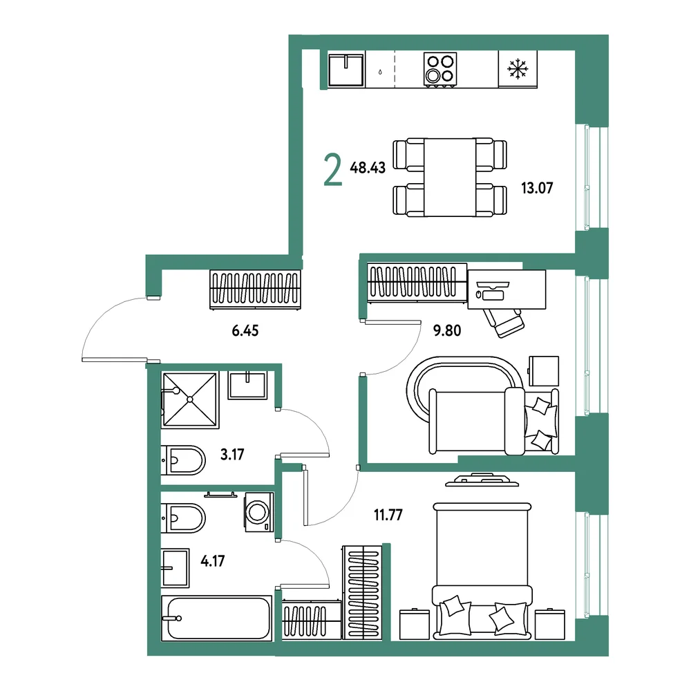 Планировка: Европейский берег 2.0 2-комнатная 48,43м²