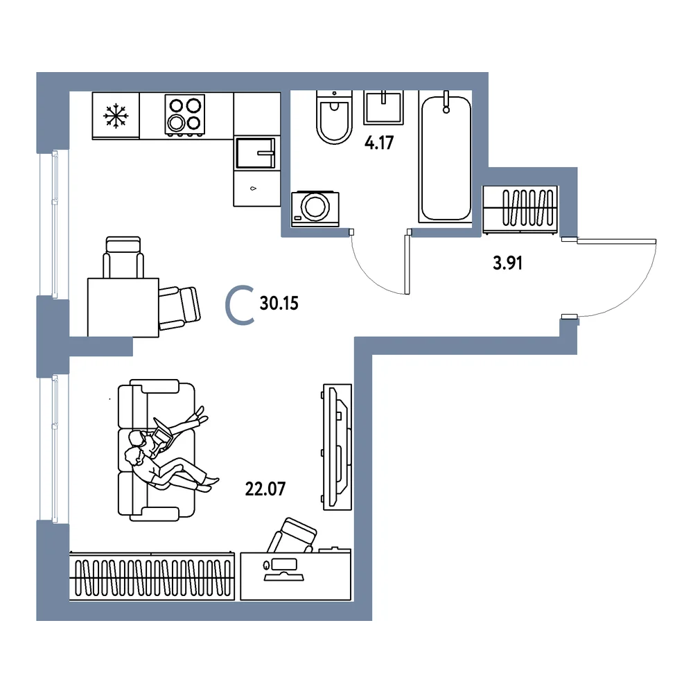 Планировка: Европейский берег 2.0 Студия 30,15м²
