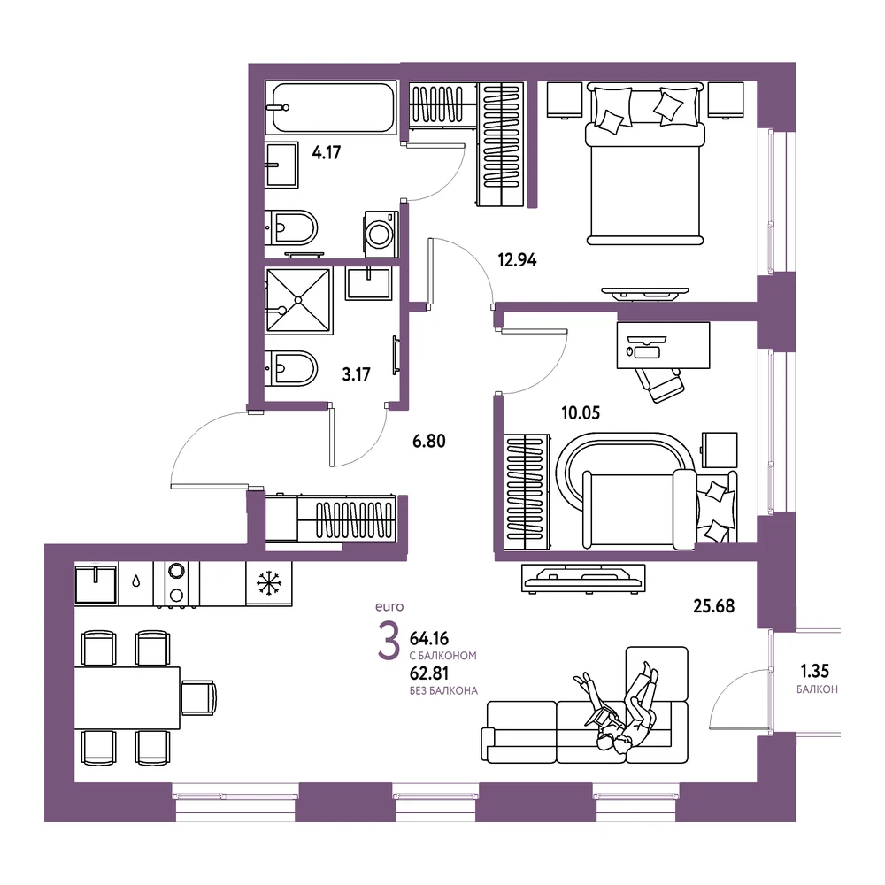 Планировка: Европейский берег 2.0 3-комнатная 64,16м²