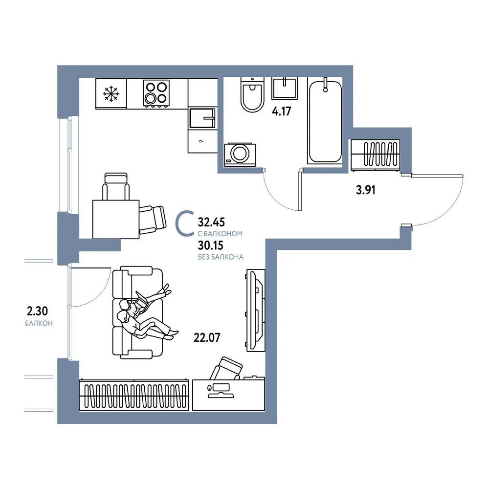 Планировка: Европейский берег 2.0 Студия 32,45м²