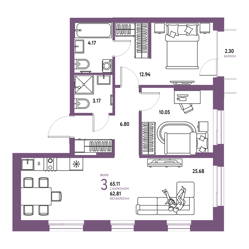 Планировка: Европейский берег 2.0 3-комнатная 65,11м²