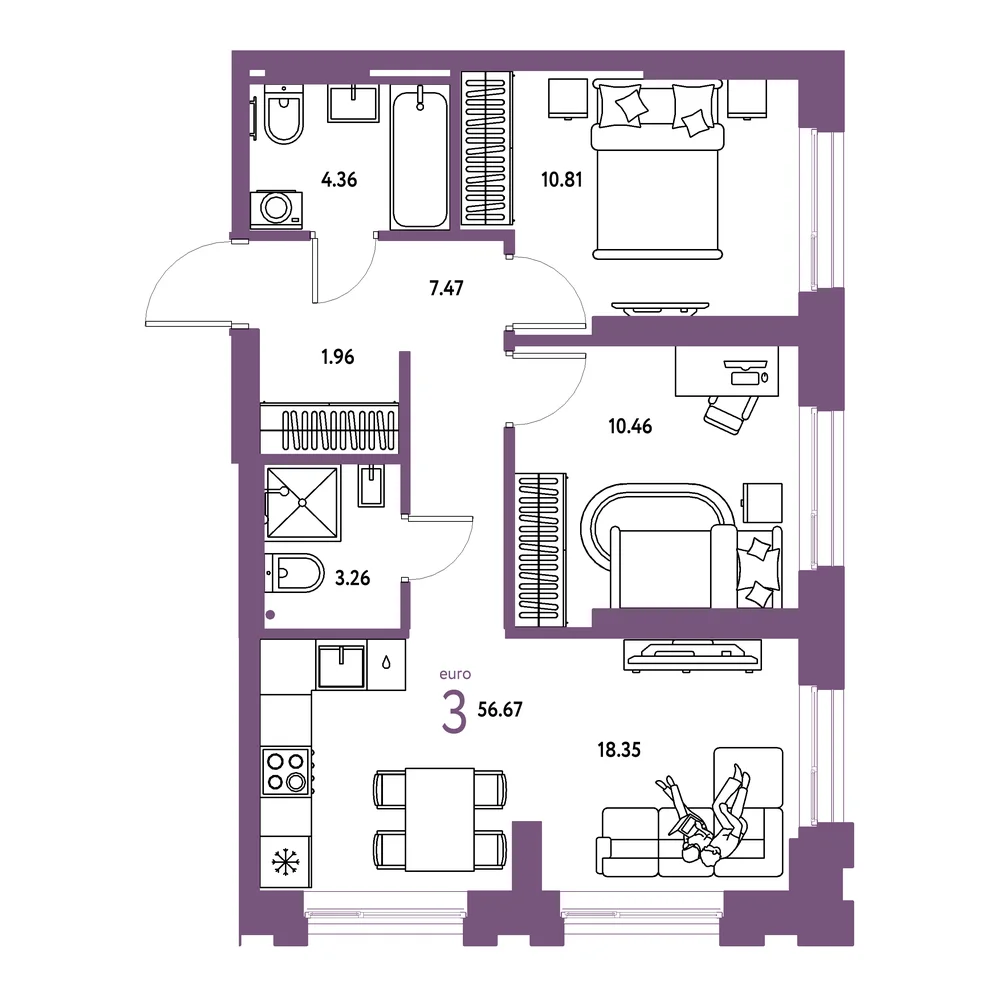 Планировка: Европейский берег 2.0 3-комнатная 56,67м²