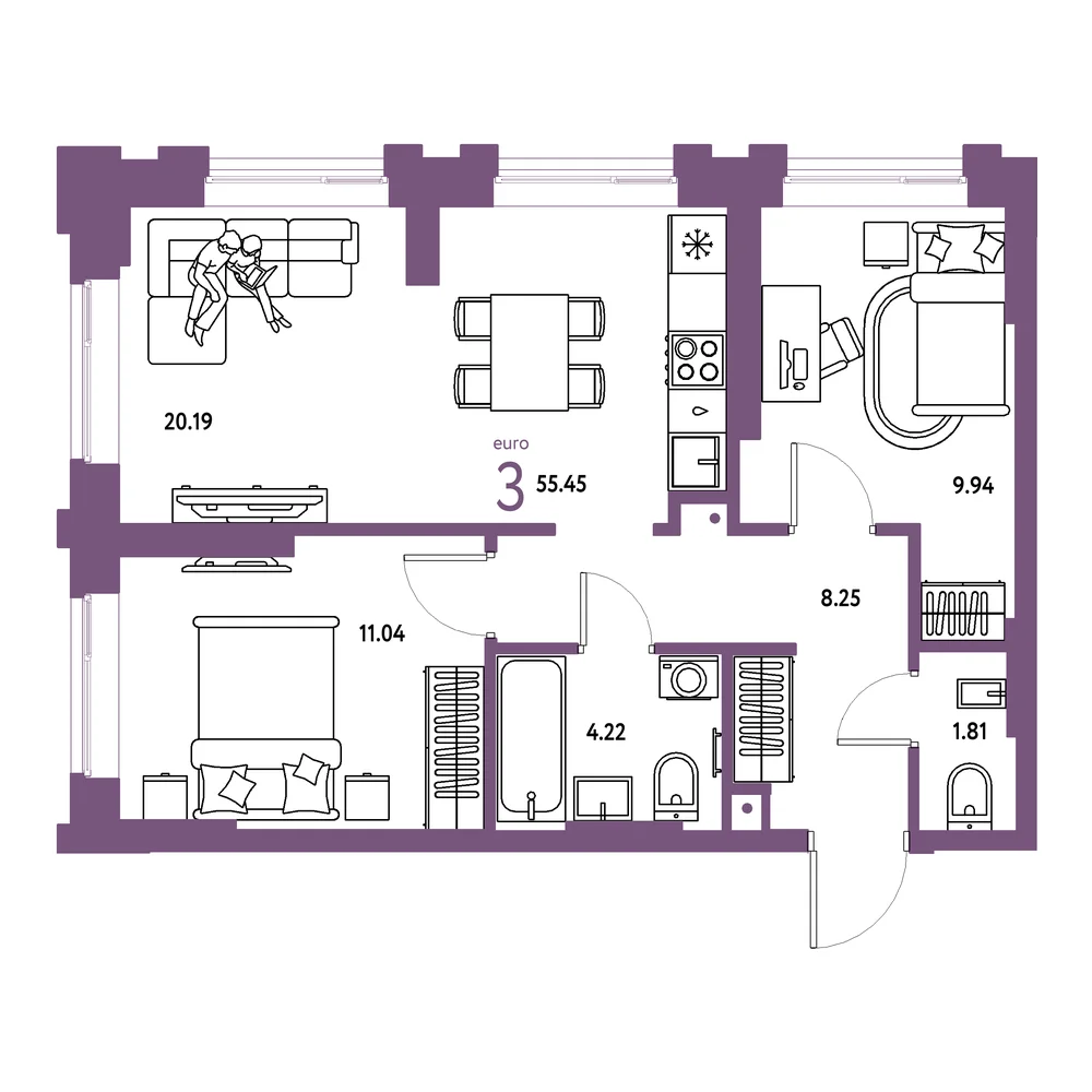 Планировка: Европейский берег 2.0 3-комнатная 55,45м²