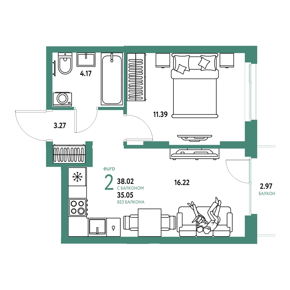 Планировка: Европейский берег 2.0 2-комнатная 38,02м²