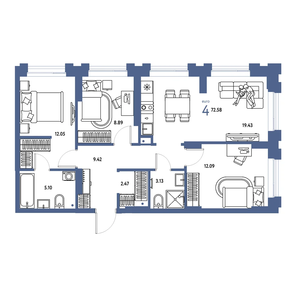 Планировка: Европейский берег 2.0 4-комнатная 72,58м²