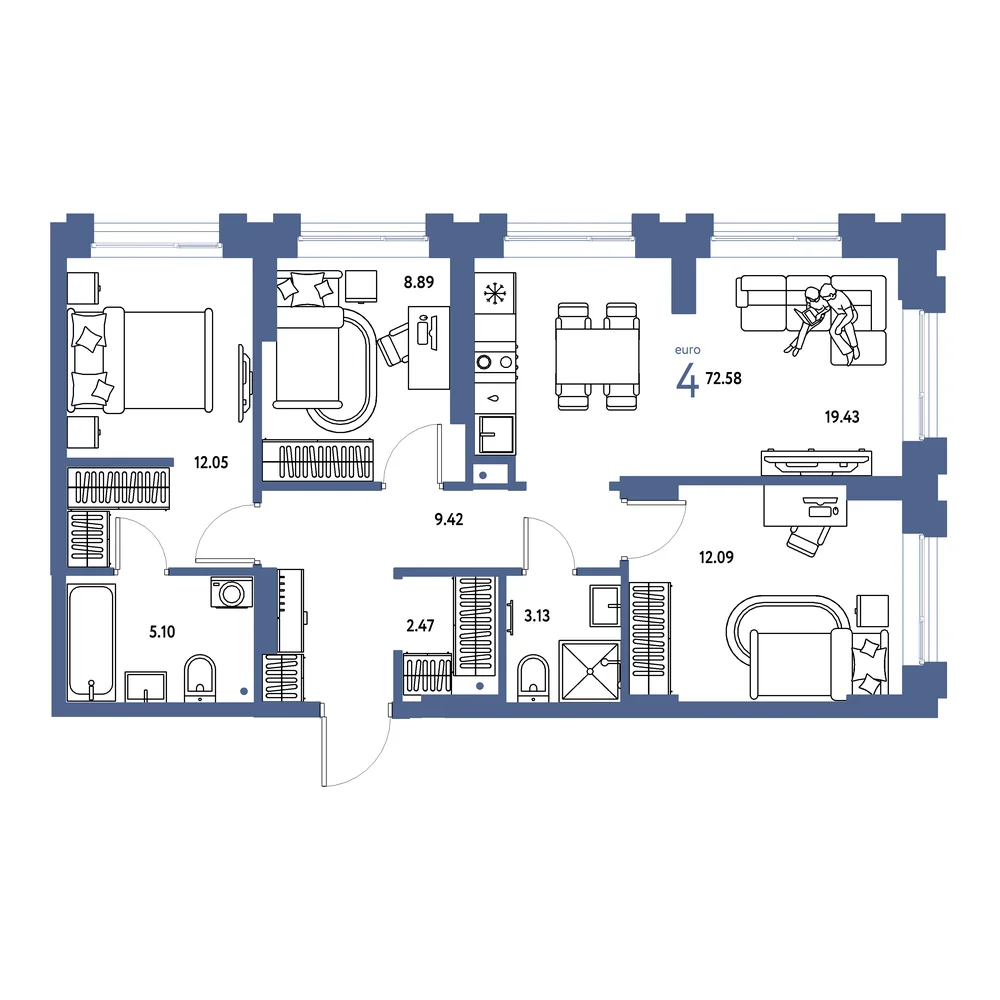 Планировка: Европейский берег 2.0 4-комнатная 72,58м²
