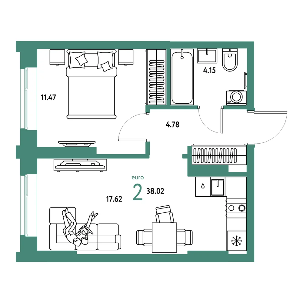 Планировка: Европейский берег 2.0 2-комнатная 38,02м²
