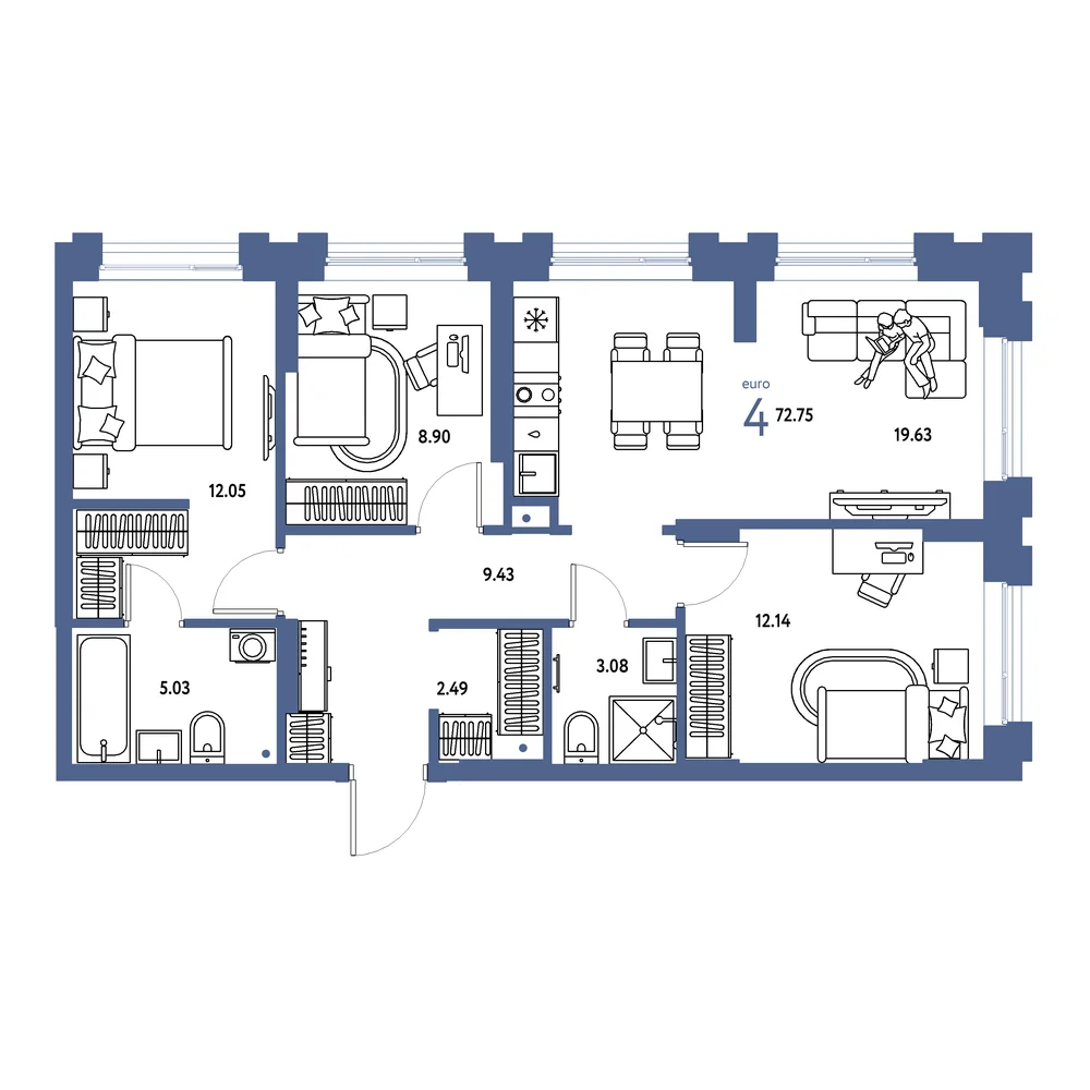 Планировка: Европейский берег 2.0 4-комнатная 72,75м²
