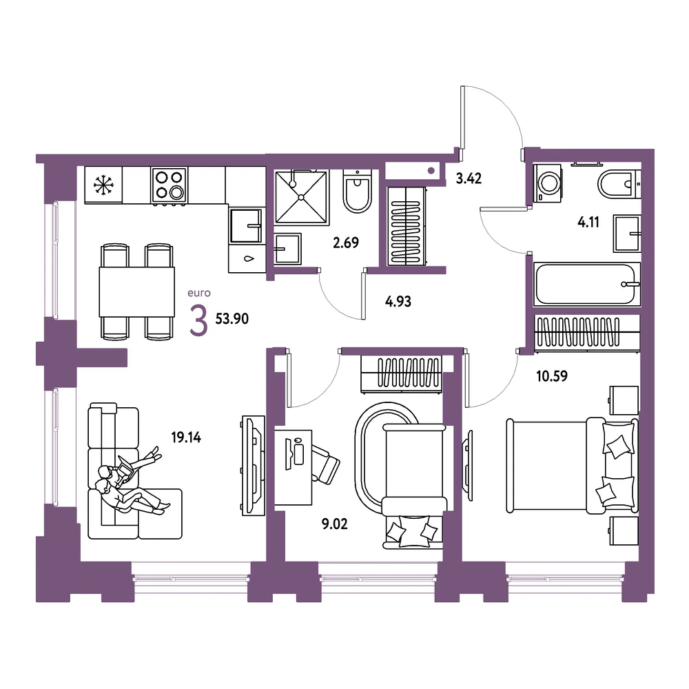 Планировка: Европейский берег 2.0 3-комнатная 53,90м²