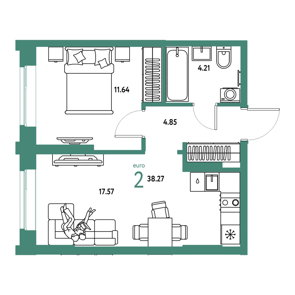 Планировка: Европейский берег 2.0 2-комнатная 38,27м²
