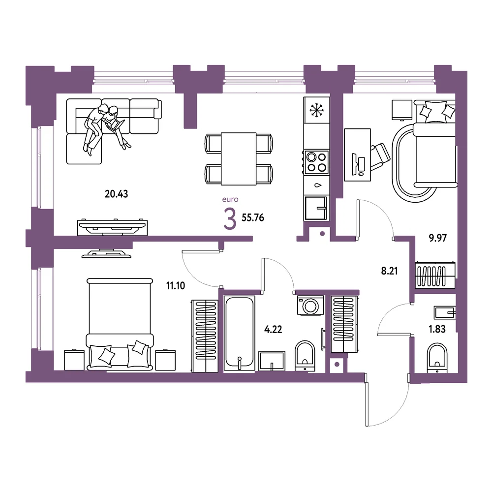 Планировка: Европейский берег 2.0 3-комнатная 55,76м²