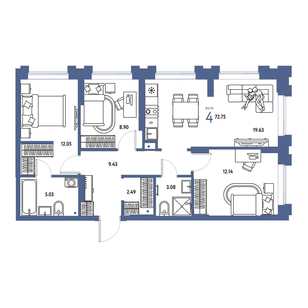 Планировка: Европейский берег 2.0 4-комнатная 72,75м²