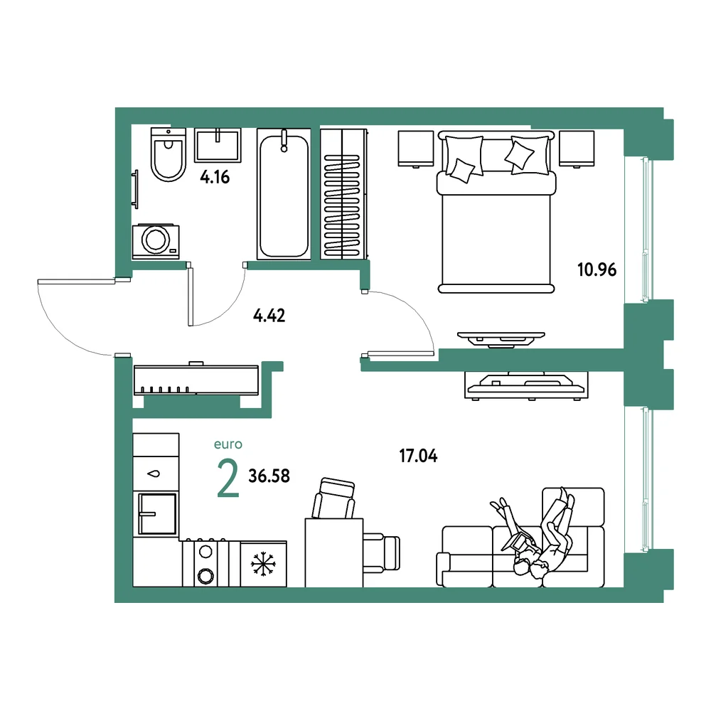 Планировка: Европейский берег 2.0 2-комнатная 36,58м²