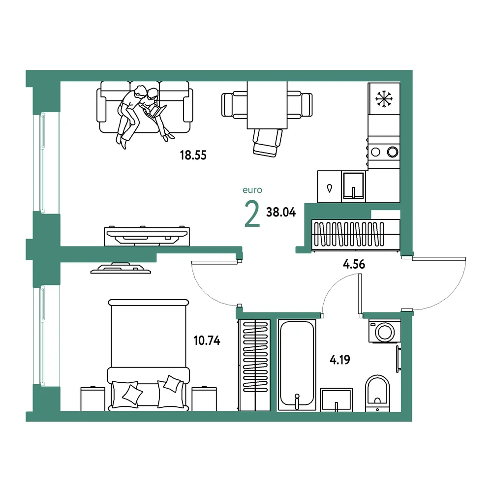 Планировка: Европейский берег 2.0 2-комнатная 38,04м²
