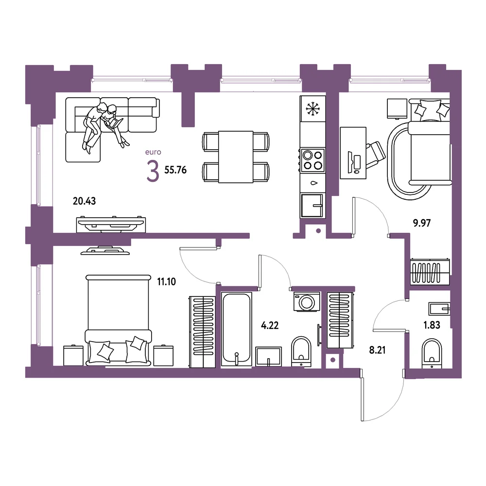 Планировка: Европейский берег 2.0 3-комнатная 55,76м²