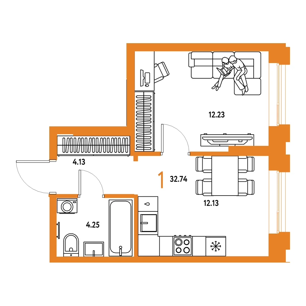 Планировка: Европейский берег 2.0 1-комнатная 32,74м²