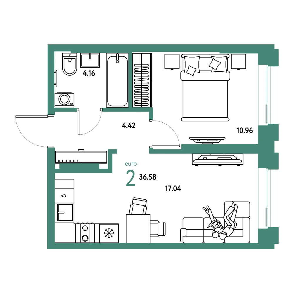 Планировка: Европейский берег 2.0 2-комнатная 36,58м²