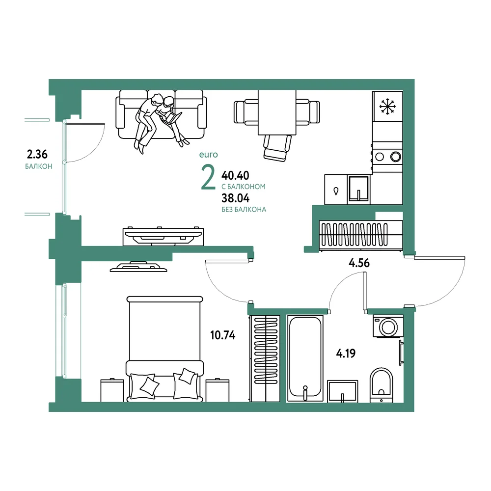 Планировка: Европейский берег 2.0 2-комнатная 40,40м²