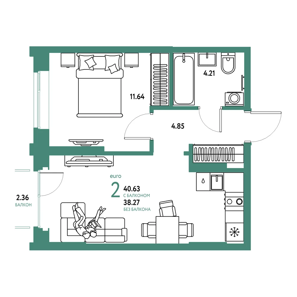 Планировка: Европейский берег 2.0 2-комнатная 40,63м²