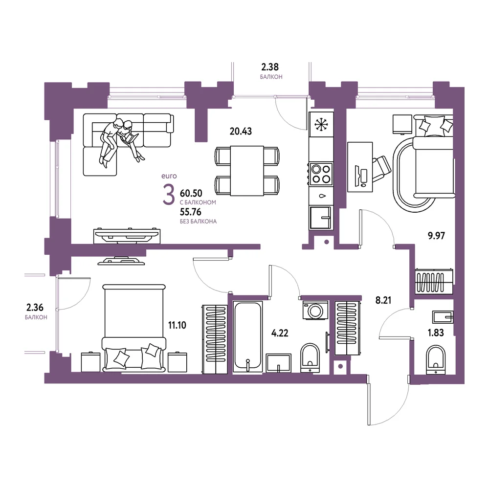 Планировка: Европейский берег 2.0 3-комнатная 60,50м²