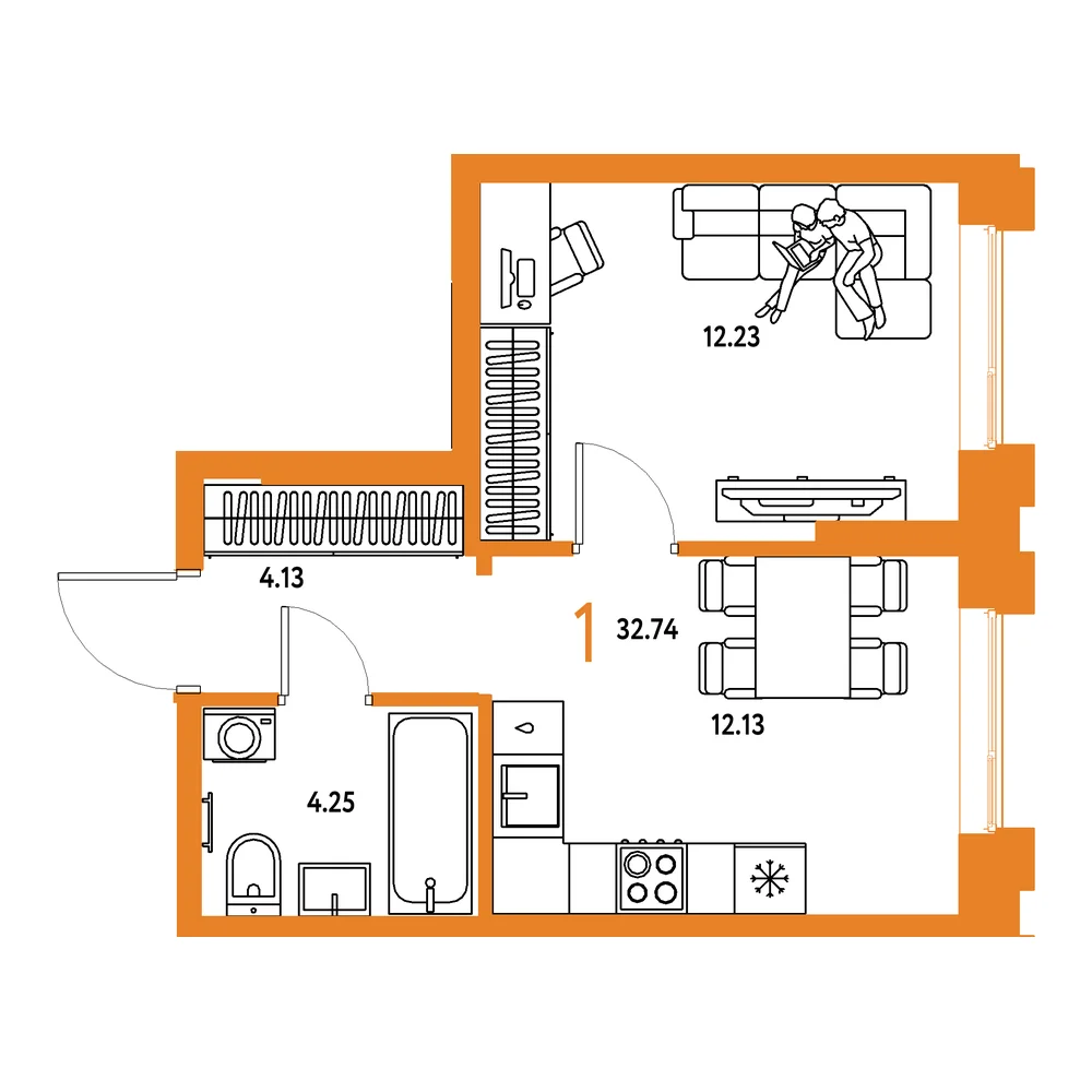 Планировка: Европейский берег 2.0 1-комнатная 32,74м²