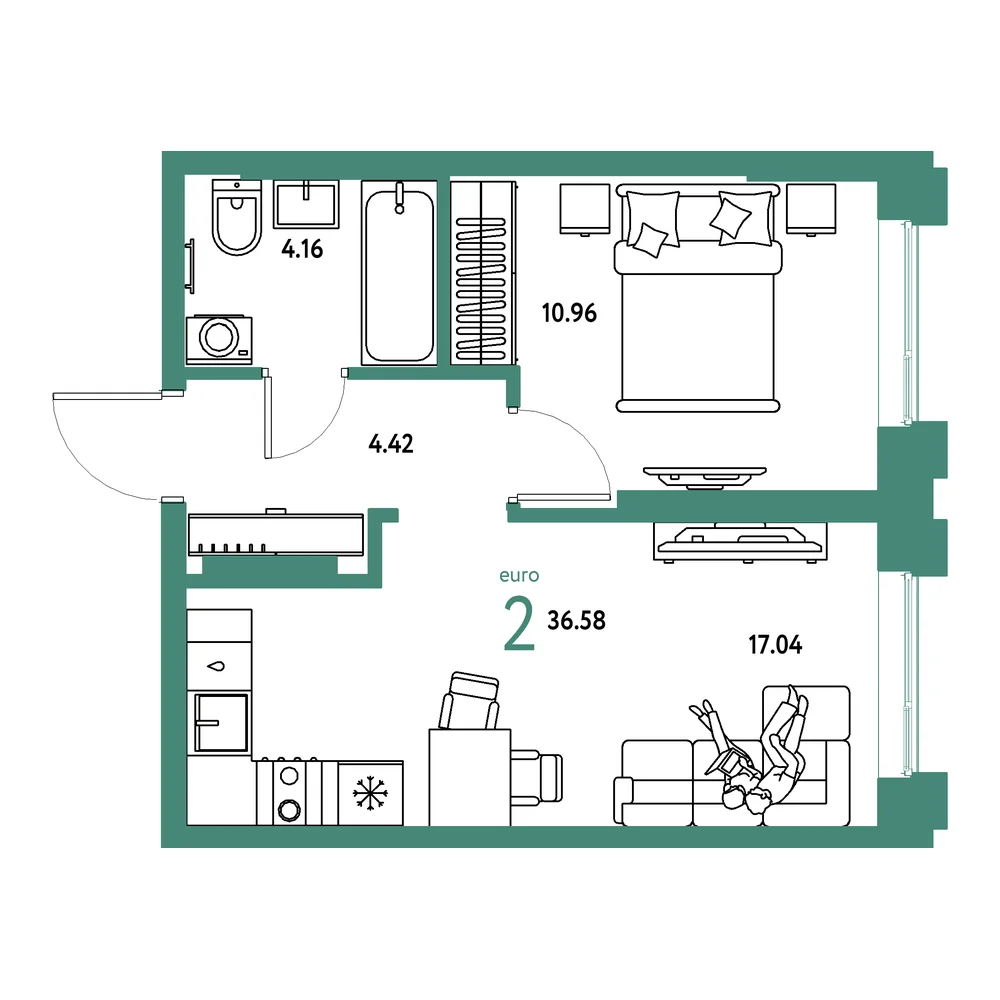 Планировка: Европейский берег 2.0 2-комнатная 36,58м²