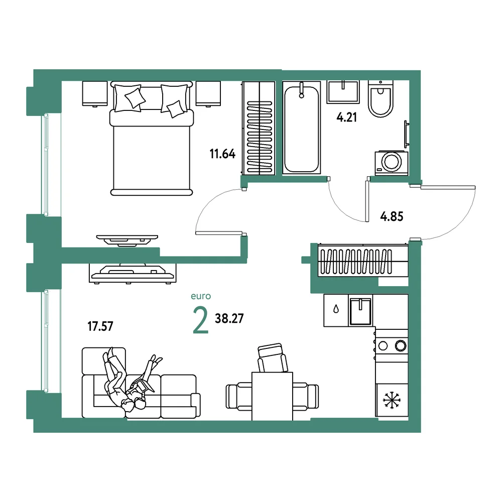 Планировка: Европейский берег 2.0 2-комнатная 38,27м²