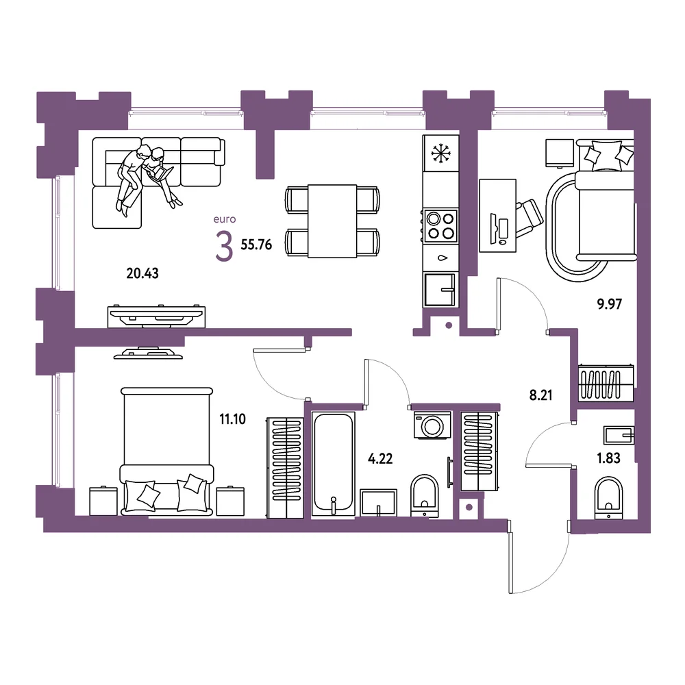 Планировка: Европейский берег 2.0 3-комнатная 55,76м²