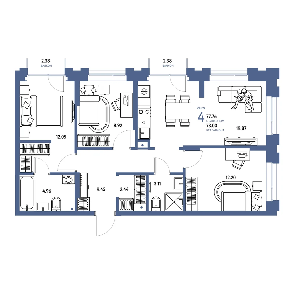 Планировка: Европейский берег 2.0 4-комнатная 77,76м²
