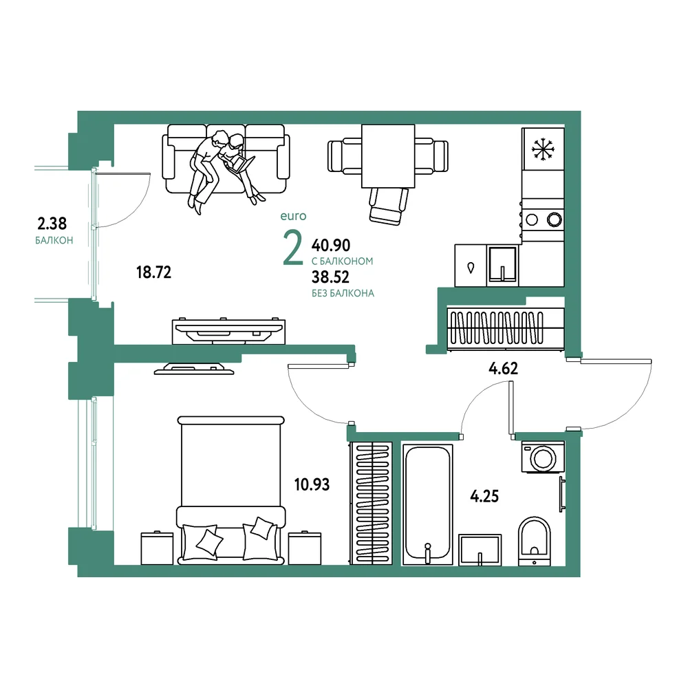 Планировка: Европейский берег 2.0 2-комнатная 40,90м²