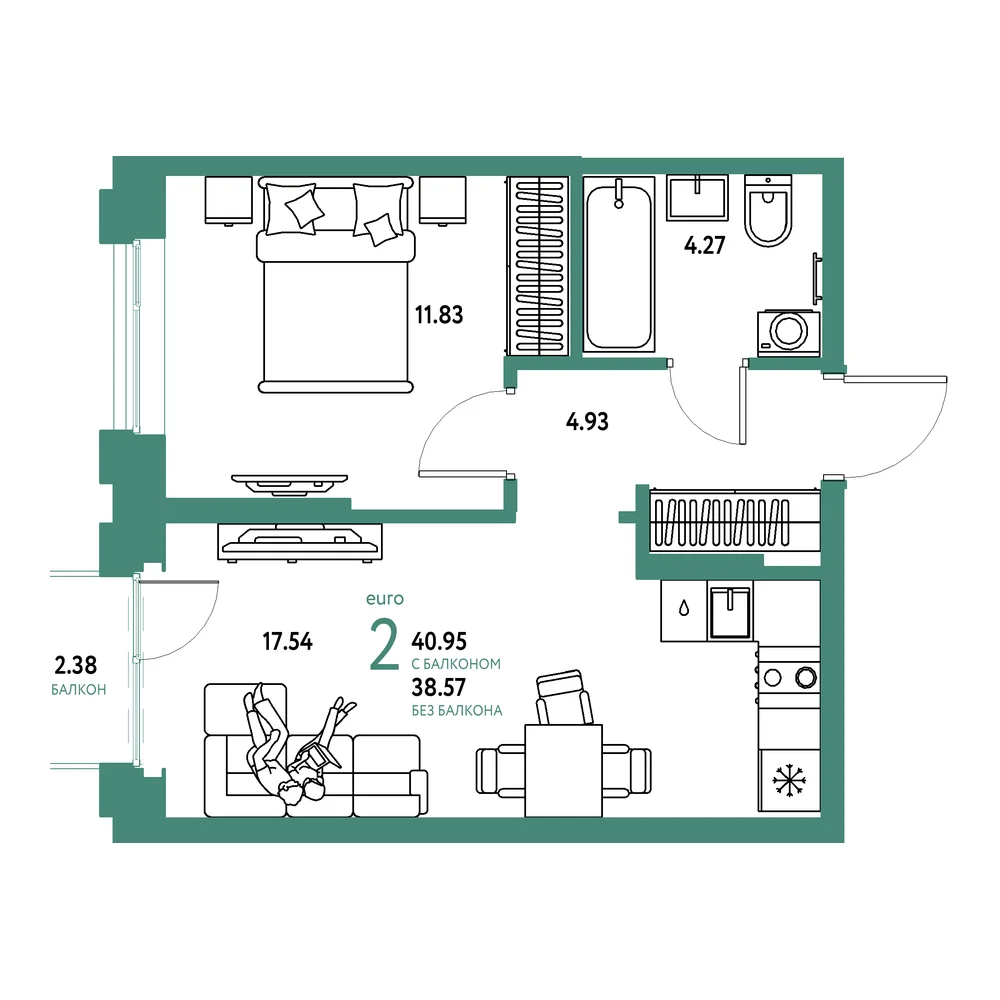 Планировка: Европейский берег 2.0 2-комнатная 40,95м²