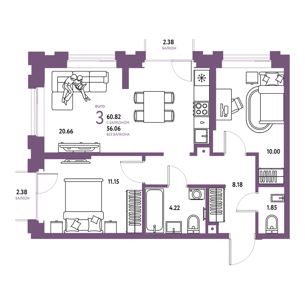Планировка: Европейский берег 2.0 3-комнатная 60,82м²