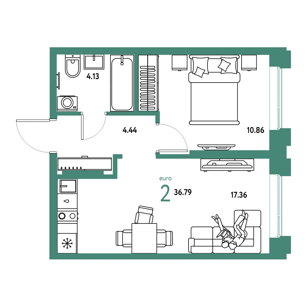 Планировка: Европейский берег 2.0 2-комнатная 36,79м²