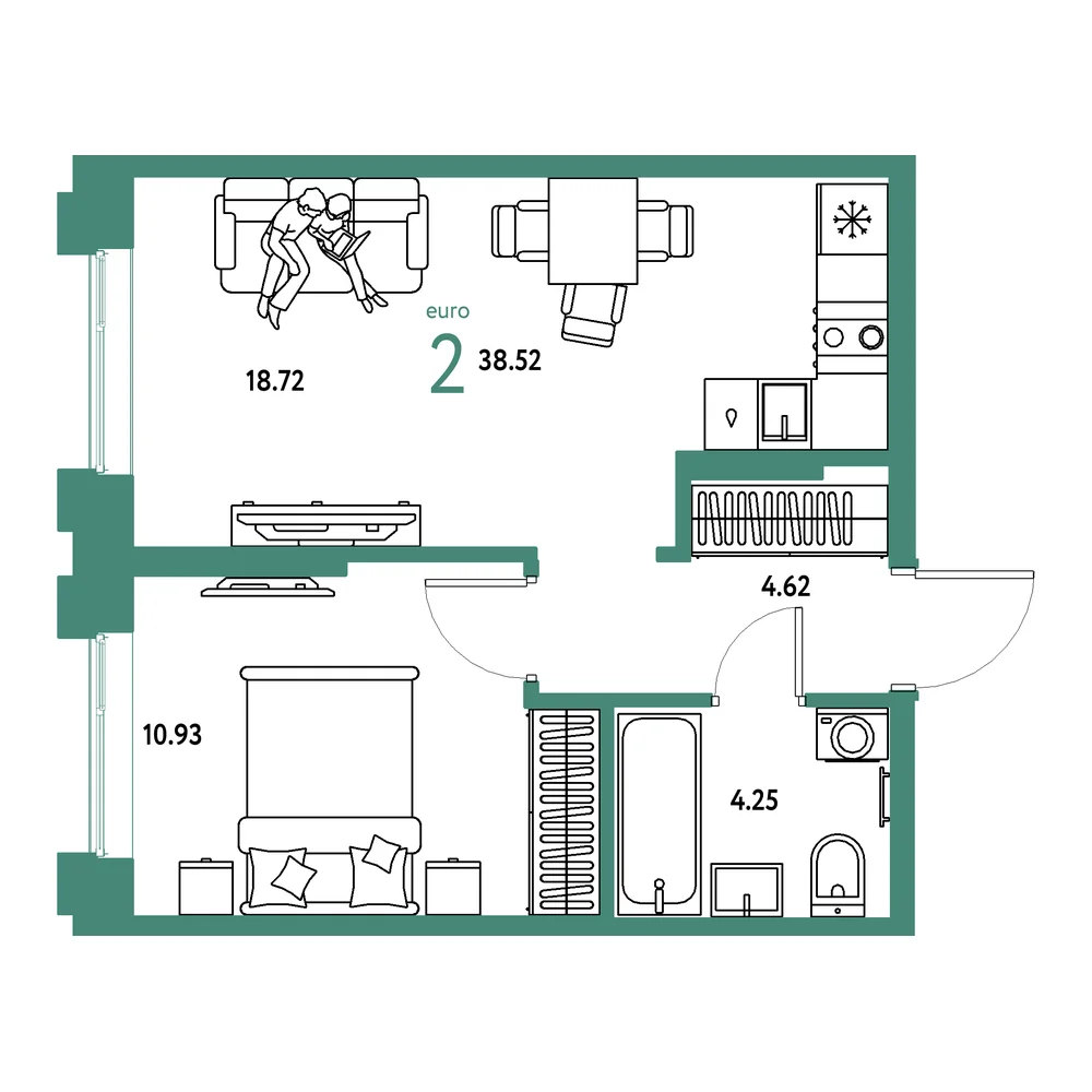 Планировка: Европейский берег 2.0 2-комнатная 38,52м²