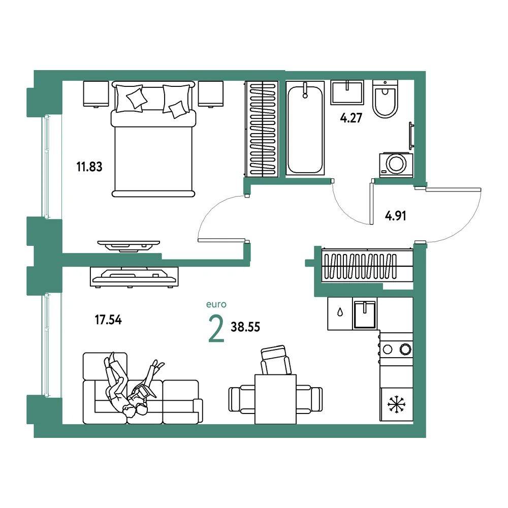 Планировка: Европейский берег 2.0 2-комнатная 38,55м²