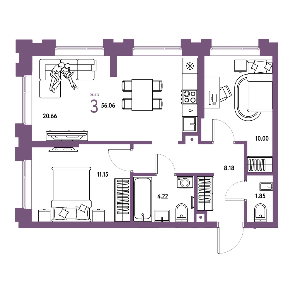 Планировка: Европейский берег 2.0 3-комнатная 56,06м²