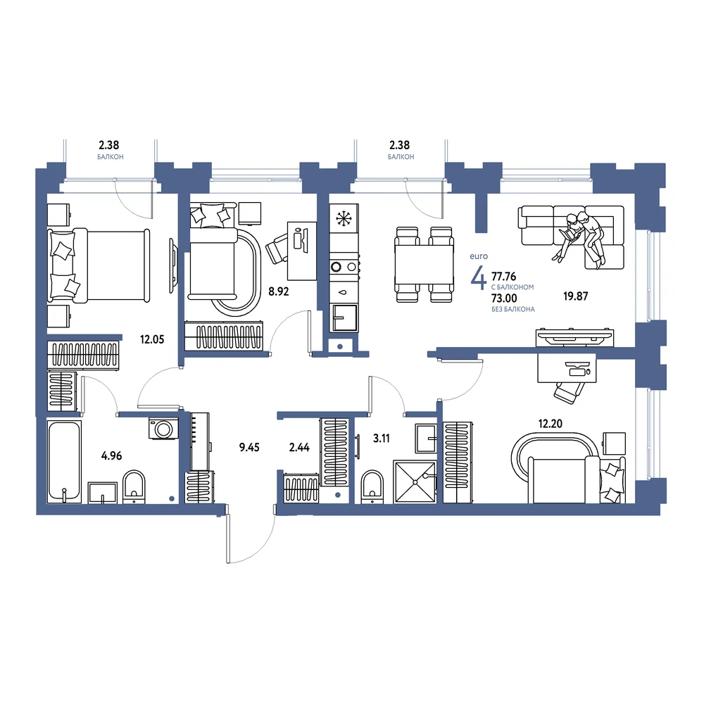 Планировка: Европейский берег 2.0 4-комнатная 77,76м²
