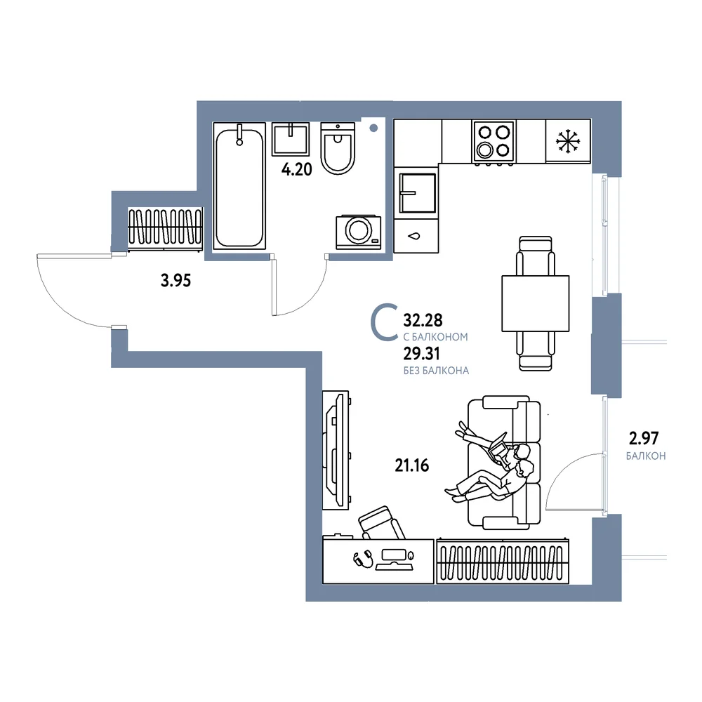 Планировка: Европейский берег 2.0 Студия 32,28м²