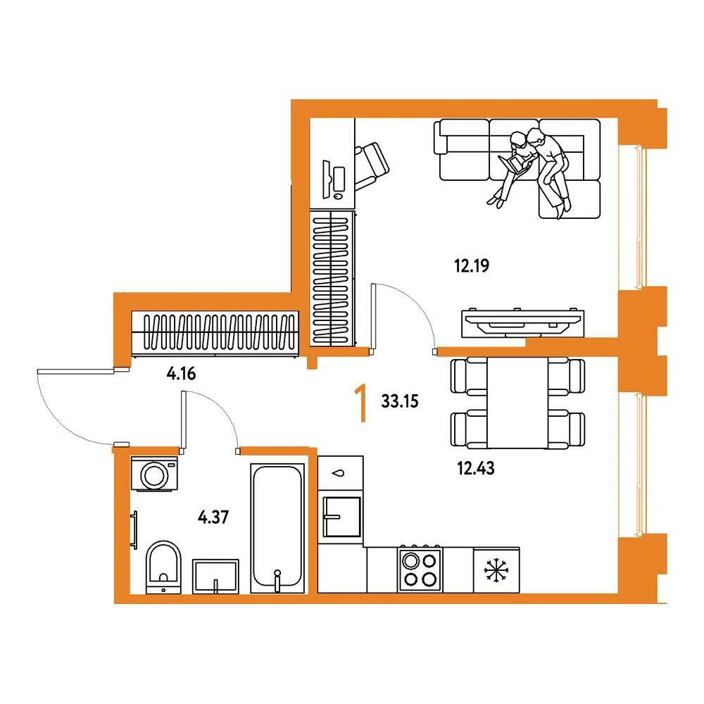 Планировка: Европейский берег 2.0 1-комнатная 33,15м²