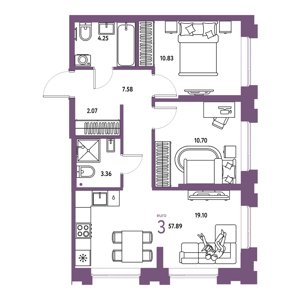 Планировка: Европейский берег 2.0 3-комнатная 57,89м²